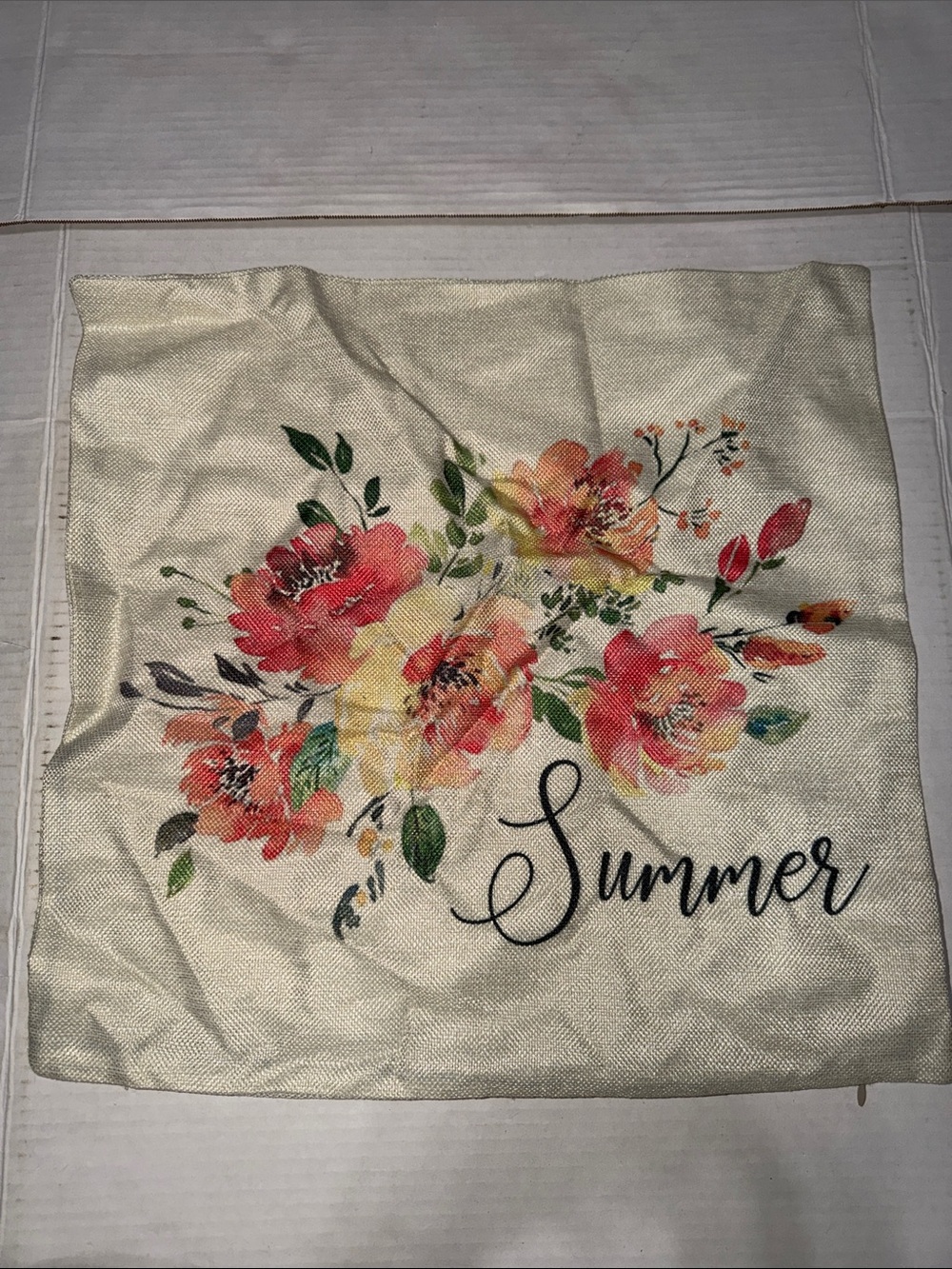 Floral 'Summer' Decorative Pillow Cover - Cream with Coral & Yellow Flowers
